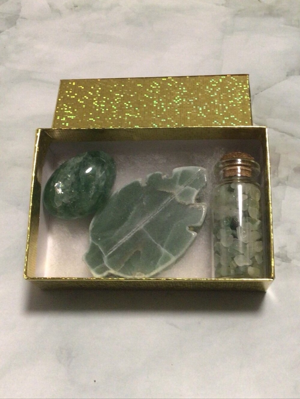 Green Stone Gift Set with Leaf Dish & Vial